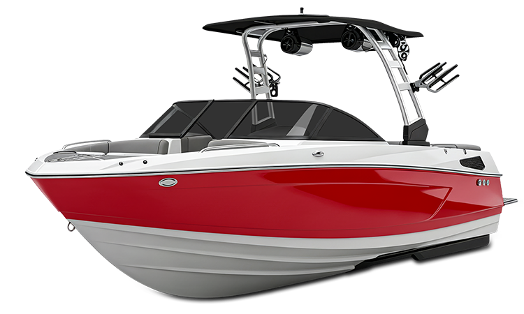 Red and white boat with a black canopy on a white background