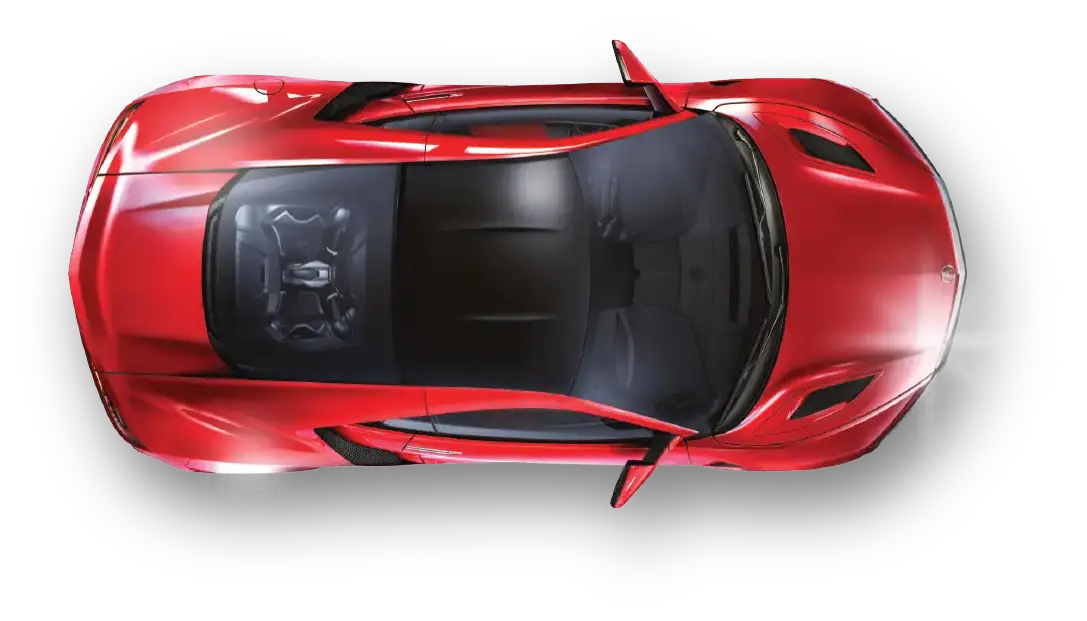 Top-down view of a red sports car on a white background