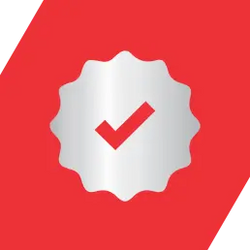 White check mark icon on a red background